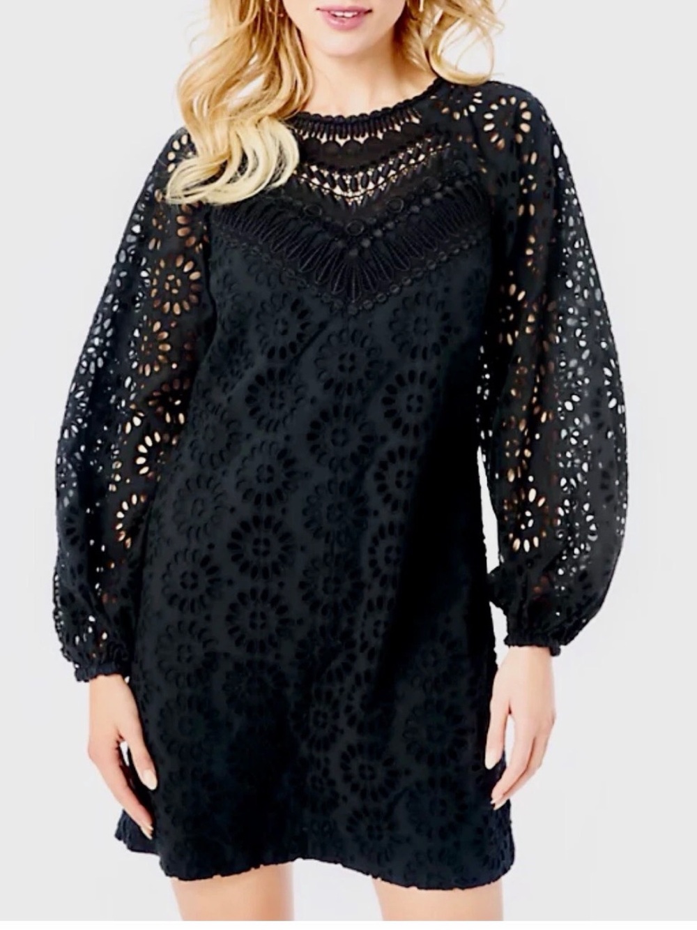 Lilly Pulitzer Priscilla Dress Long Sleeve Crew Black Eyelet Cotton NWT